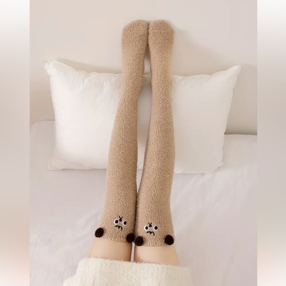 Cartoon Fuzzy High Knee Socks In Brown - Picture 3 of 5
